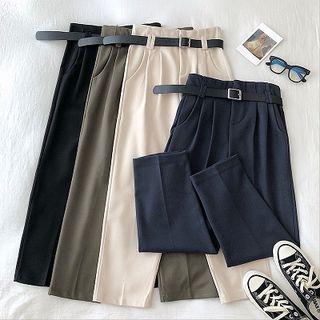 Plain High-waist Woolen Harem Pants With Belt