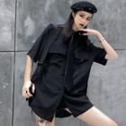 Tie-neck Elbow-sleeve Cargo Shirt Black - One Size