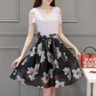 Set: Plain Cut Out Shoulder Short Sleeve Top + Floral Print A-line Skirt