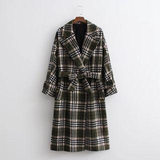 Long-sleeve Plaid Tie-waist Midi Coat