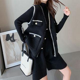 Set: Contrast Trim Button-up Vest + Long-sleeve Knit Top + Shorts