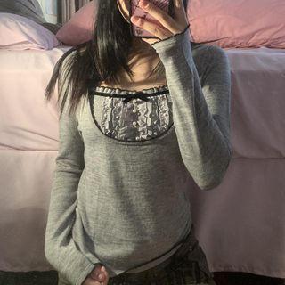 Plain Square Neck Long Sleeve Ribbon Top