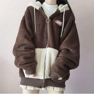 Two-tone Fleece Zip-up Hoodie Coffee - One Size