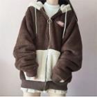 Two-tone Fleece Zip-up Hoodie Coffee - One Size