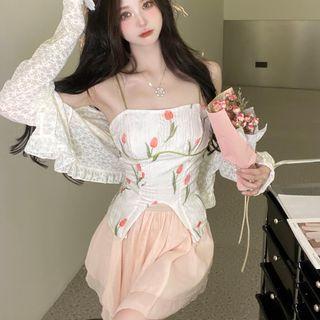 Floral Camisole Top / Cardigan / Mini A-line Skirt
