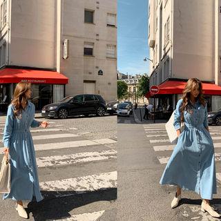 Gathered Denim Maxi Shirtdress Light Blue - One Size