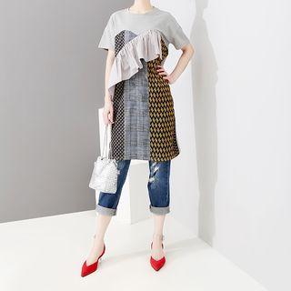 Short-sleeve Print Panel Shift Dress Gray - One Size