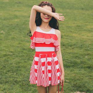 Striped Cold Shoulder Swimdress