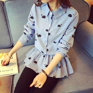 Whale-print Ruffle Blouse