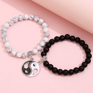 Set Of 2: Beaded Yin Yang Necklace Ab356 - Set Of 2 - Black & White - One Size