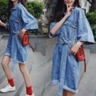 Elbow-sleeve Denim Playsuit With Belt