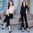 Set: V-neck Chiffon Blouse + Cropped Boot-cut Pants