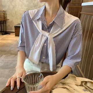 Inset Scarf Pinstripe Elbow-sleeve Shirt