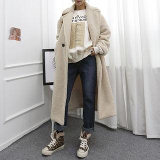 Double-breasted Sherpa-fleece Long Coat Beige - One Size