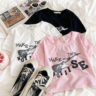 Short-sleeve Guitar Print Cropped Top