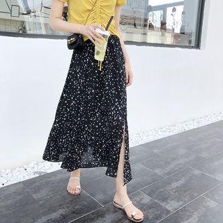 Star Patterned Slit A-line Midi Chiffon Skirt Black - One Size