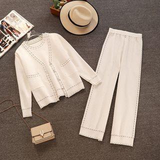 Set: Short-sleeve Knit Top + Cardigan + Wide Leg Knit Pants