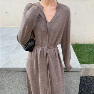 Long-sleeve Tie-waist Knit A-line Midi Dress