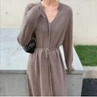 Long-sleeve Tie-waist Knit A-line Midi Dress