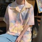 Elbow-sleeve Tie Dye Shirt Blue & Pink & Yellow - One Size