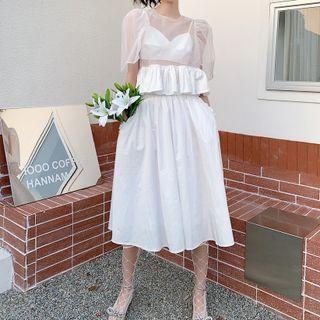 Set: Short-sleeve Frill Trim Mesh Top + Camisole Top + Midi A-line Skirt