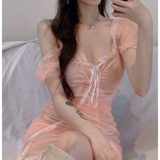 Mini Slipdress / Contrast Trim Short-sleeve Mesh Mini Dress
