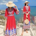 Pattern V-neck Loose-fit Dress