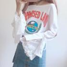 Lace Panel Print Bell-sleeve T-shirt