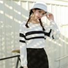 Striped Long-sleeve Knit Top Black - One Size