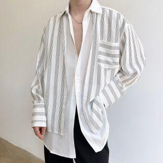 Long-sleeve Striped Panel Mock Two-piece Shirt