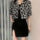 Leopard Print Short-sleeve Blouse / Spaghetti Strap Mini Sheath Dress / Set