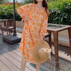 Long-sleeve Floral Midi Smock Dress