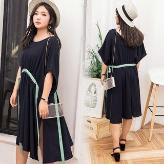 Tie-waist Elbow-sleeve A-line Midi Dress