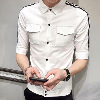 Elbow-sleeve Striped Trim Shirt