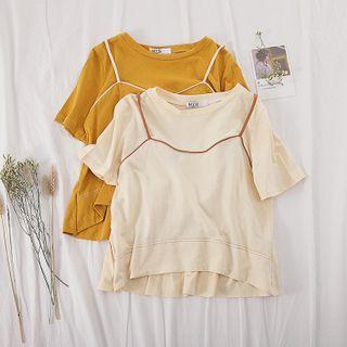 Mock Two-piece Contrast Trim Short-sleeve Cropped T-shirt