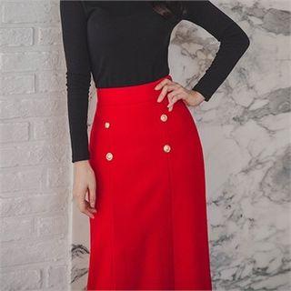Metallic-button Slit-front Midi Skirt