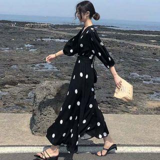 V-neck Puff-sleeve Dotted Long Dress
