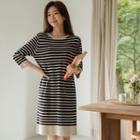 3/4-sleeve Stripe Midi Knit Dress