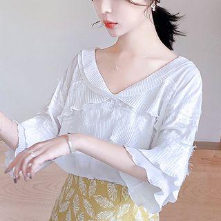 Lace Trim Ruffle Elbow-sleeve Chiffon Blouse