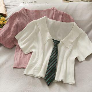 Inset-tie Cropped Knit Polo Top