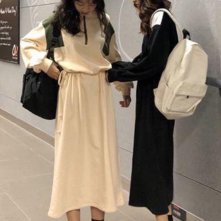 Long-sleeve Color Block Half-zip Midi A-line Dress