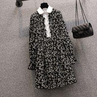 Puff-sleeve Floral Print Collared A-line Dress