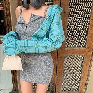 Plaid Loose-fit Blouse / Sleeveless Slim-fit Dress