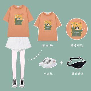 Round Collar Printed Short-sleeved Top