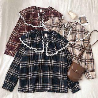 Color-block Plaid Panel Lace-trim Long-sleeve Blouse