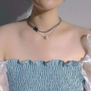 Faux Pearl Tag Pendant Layered Stainless Steel Choker 01# - Silver - One Size