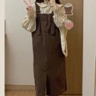 Peter Pan Collar Blouse / Slit Midi Overall Dress