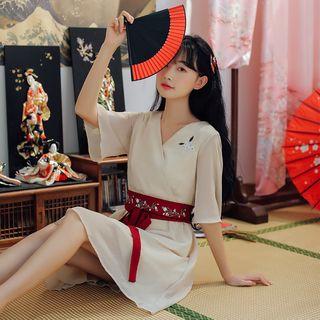 Embroidered V-neck Elbow-sleeve Chiffon Dress