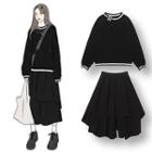 Contrast Trim Pullover / Irregular Hem Midi Skirt