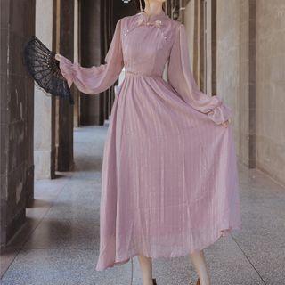 Long-sleeve Frog-buttoned Midi A-line Qipao Dress